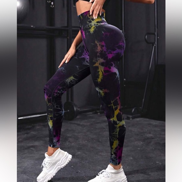 Tie dye colorful black workout wide waistband high waist scrunch butt leggings - Picture 5 of 6